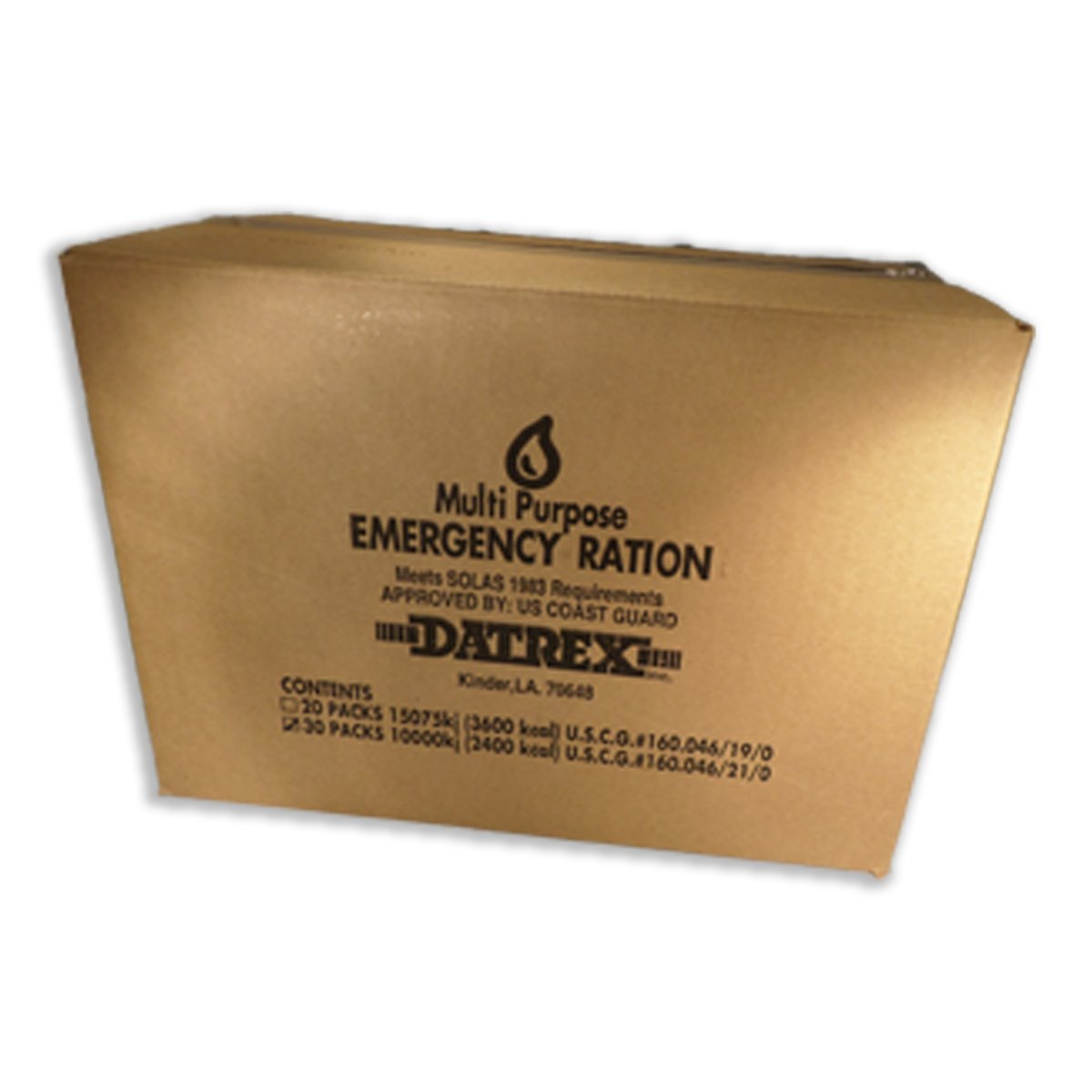 Datrex DX3600F Emergency Ration in hermetically sealed foil laminate package, 15075 kJ (3600 calories), net weight 684 grams (24.1 ounces).