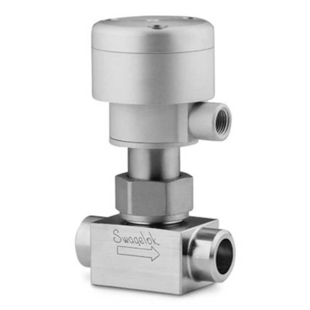 Swagelok Faltenbalgventil, Edelstahl, mit Körperdichtscheibe, 3/8 Zoll TSW und 1/2 Zoll TBW, PCTFE-Spindelspitze, SC-11 gereinigt, pneumatischer Steuerkopf, normal gesch