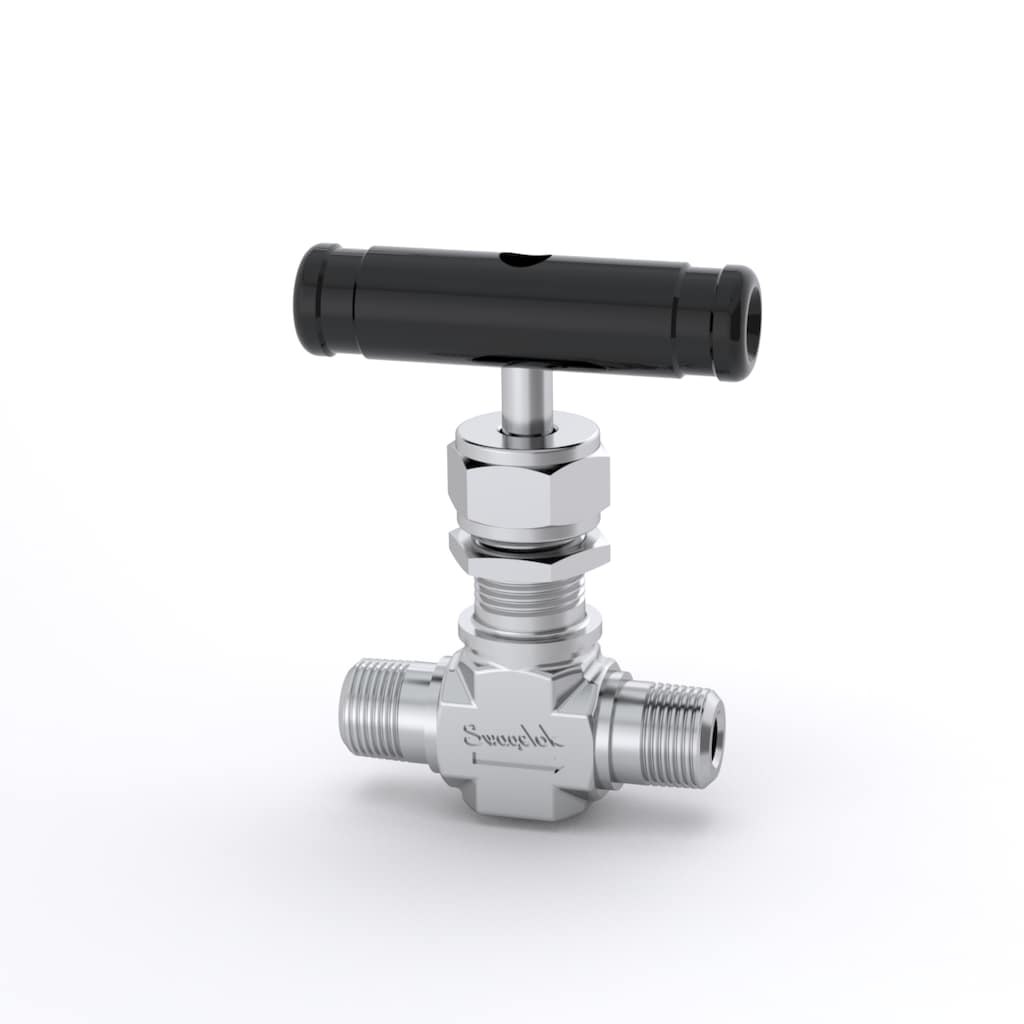 Swagelok Stainless Steel Integral Bonnet Needle Valve, 0.09 Cv, 1/8 in. MNPT, Vee Stem, Black Aluminum Bar Handle