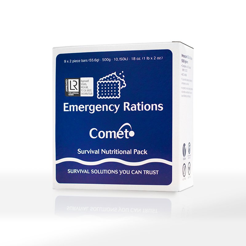 WESCOM SIGNAL AND RESCUE GERMANY Comet/Pains Wessex Emergency Rations in hermetically sealed foil laminate package, 10150 kJ (2426 calories), net weight 500 grams (1.10 lb).