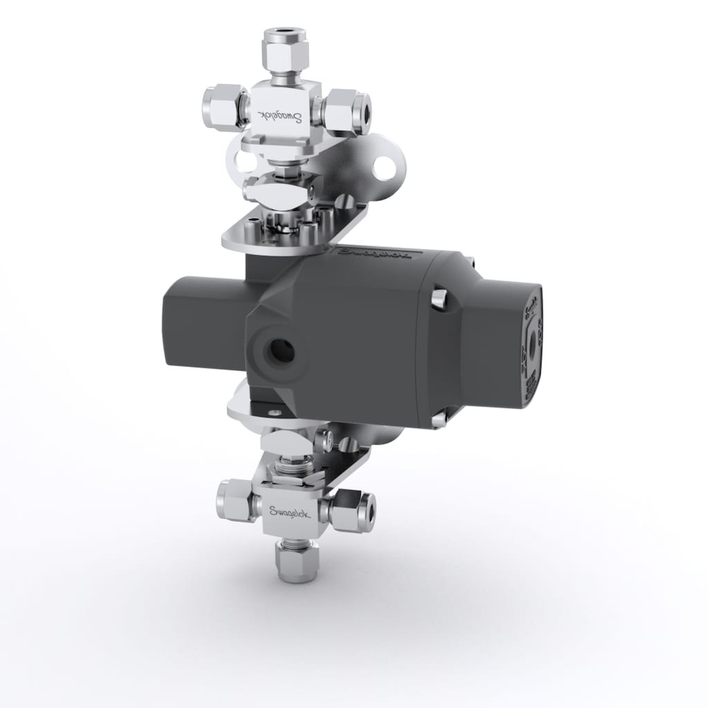 Swagelok Stainless Steel 1-Piece 40G Series 3-Way Ball Valve, 0.35 Cv, 1/4 in. Tube Fitting, Dual-Mounted 180° Spring Return Actuator