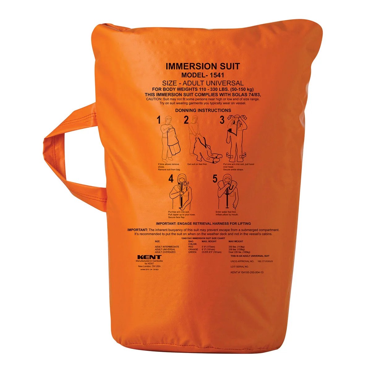 Kent Water Sports Holdings Model 1541; Adult Intermediate, Adult Universal, and Adult Oversize; insulated buoyant "IMMERSION SUIT", for use without a lifejacket.