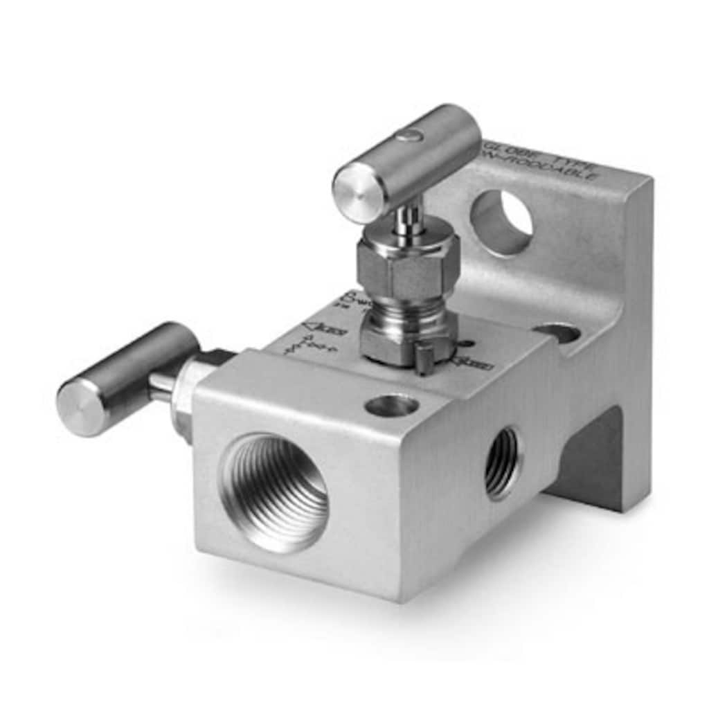 Swagelok Ventilblock, 2 Ventile, Edelstahl, 1/2 Zoll NPT-Innengewinde x Flansch (MSS), Kugelspindelspitze