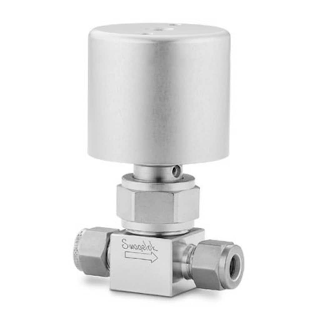 Swagelok Válvula de fuelle de alta presión de acero inox., 1/4 pulg. Swagelok, obturador de poliimida, Actuador NC
