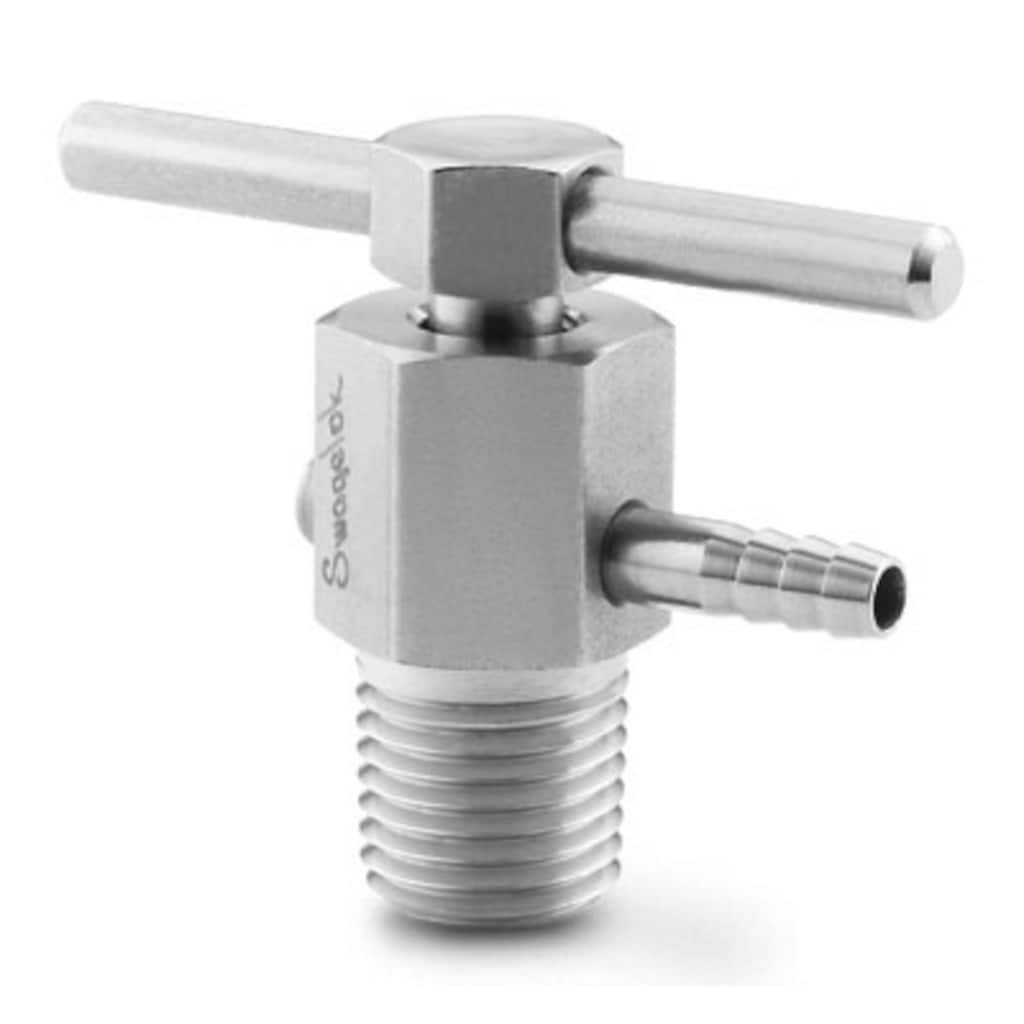 Swagelok Stainless Steel Bleed Valve, 1/4 in. MNPT, Barbed Vent Tube, Stainless Steel Bar Handle