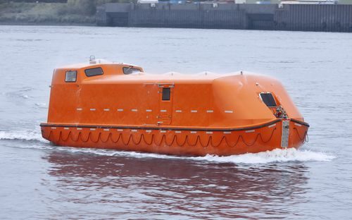 Fr. Fassmer Model CLX-C series: 8.5, 10.0, 11.7 & 12.8; 8.5 to 12.8 m x 3.35 m x 1.30 m, totally enclosed SOLAS lifeboat of fiberglass reinforced plastic construction.