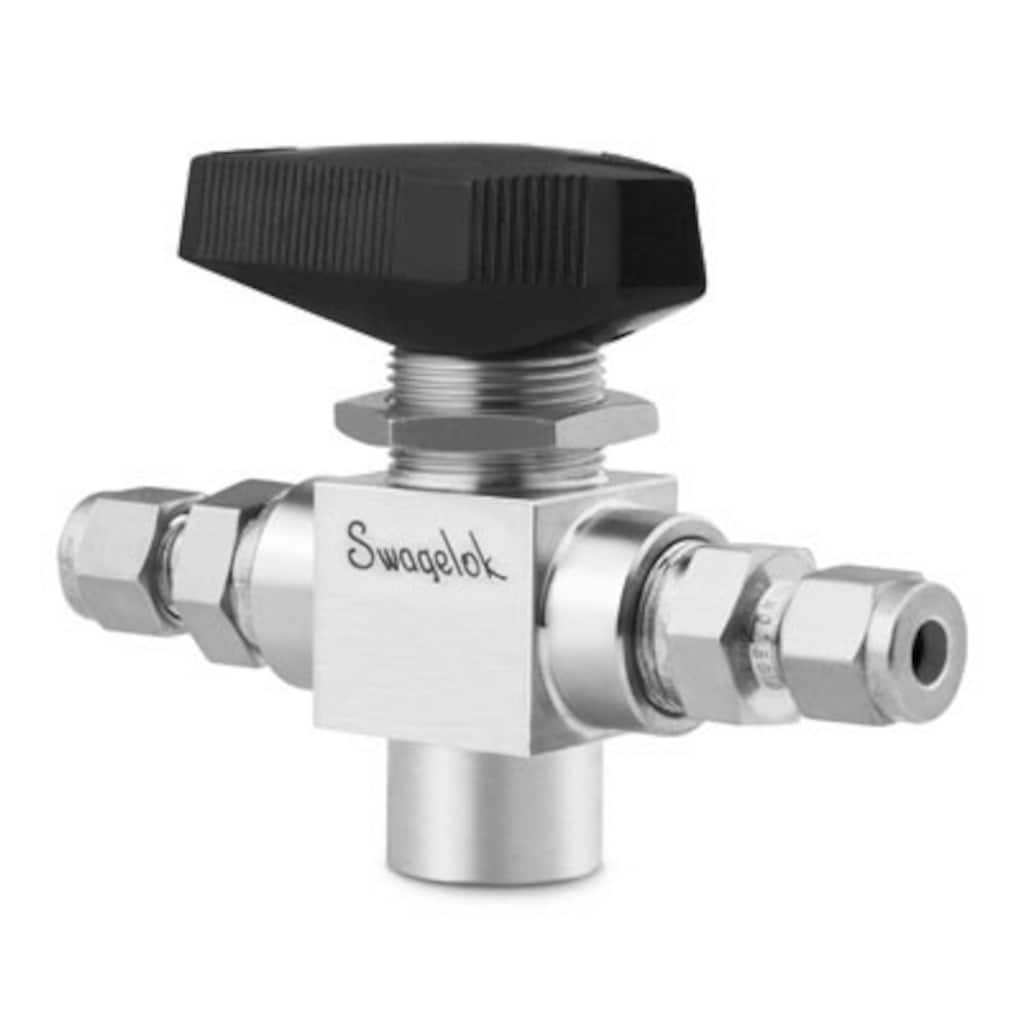 Swagelok 3-Wege-Kugelhahn, Edelstahl, Hochdruck, dreiteilig, Sitze aus PTFE, 1/4 Zoll Rohrverschraubung x 1/ 4 Rohrverschraubung - unterer Anschluss 1/4 Zoll NPT-Innenge