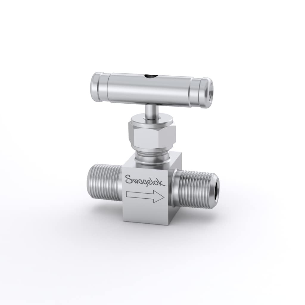 Swagelok Válvula de aguja con bonete integral de acero inox., Cv 0,21, 1/4 pulg. NPT macho, Vástago en V