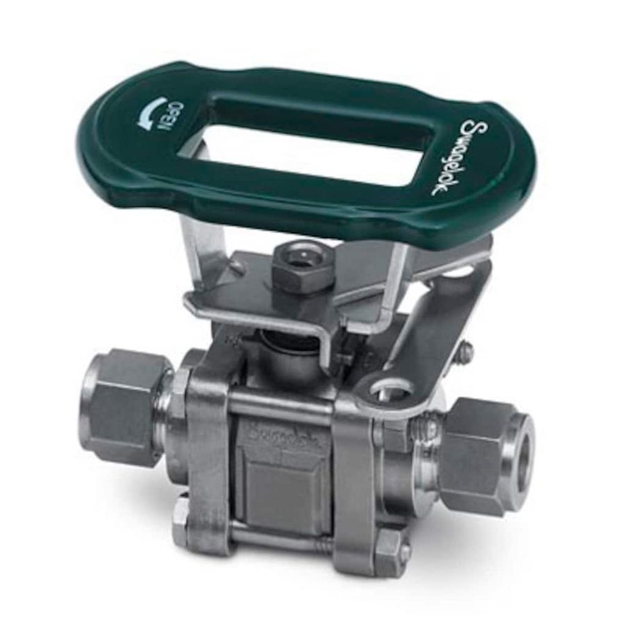 Swagelok Stainless Steel 3-Piece 60 Series Ball Valve, Reinforced PTFE Seats, 1/2 in. Swagelok Tube Fitting, Locking Oval Handle