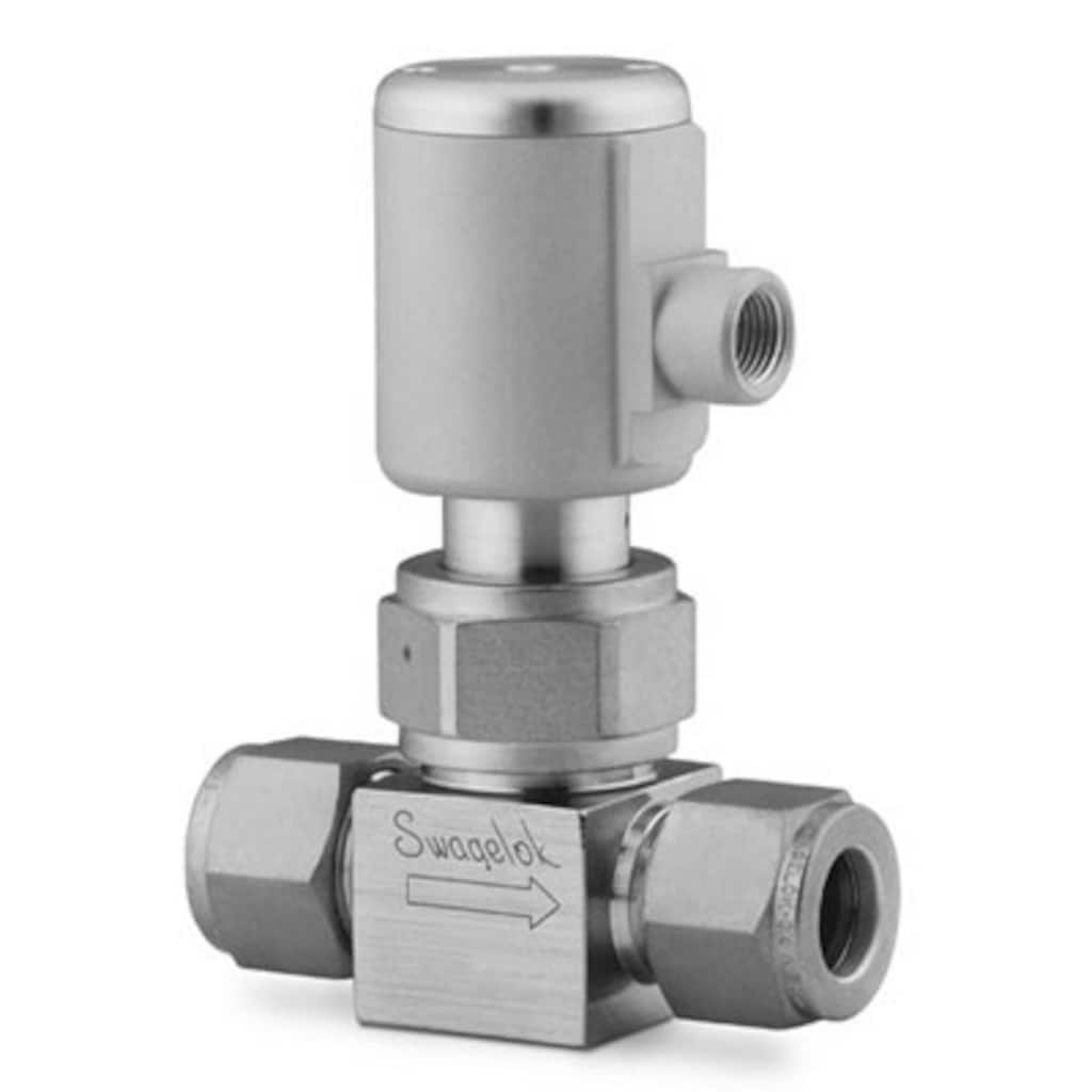Swagelok Hochreines Faltenbalgventil, Edelstahl 316L, 3/8 Zoll Swagelok Rohrverschraubung, pneumatischer Steuerkopf, 1/8-27 NPT-Eingang, normal geschlossen