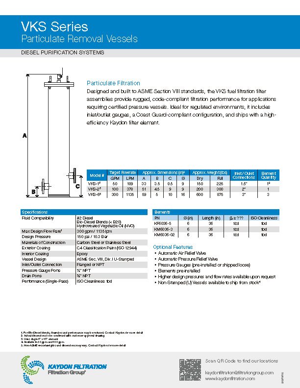 Kaydon Filtration Model VKS Duplex Oil and Fuel Filter Vessels (VKS-1, VKS-2, VKS-6, VKS-10, VKS-16)