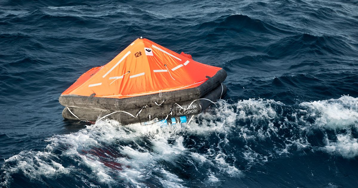 Viking Life-Saving Equipment Type 12 DKFS, 12-person self-righting, davit launched inflatable liferaft, SOLAS A Pack equipment.