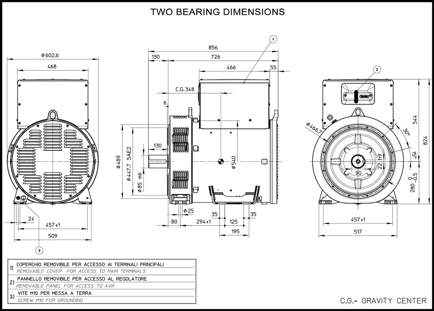 Mecc Alte ECO38, -40, -43, -46 and ECP32, -34, 3 phases, 4 poles, single or double bearings, brushless A.C. generator.